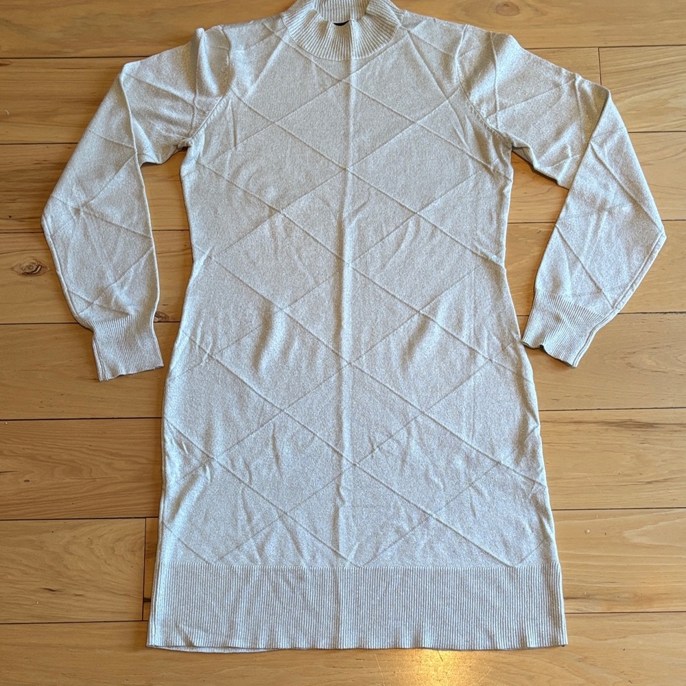 Elegant Cream Sweater Dress With Metallic Tread Throughout Size L